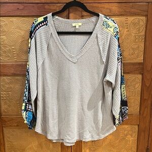 Kori Gray V-Neck Sweatshirt with Colorful Sleeves